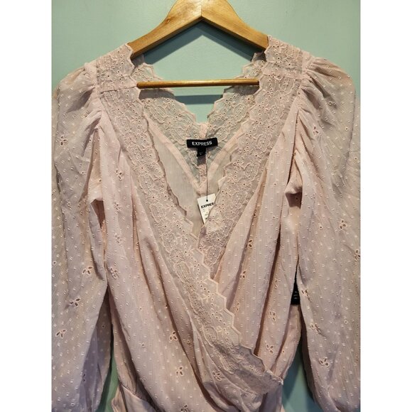 New Express Blush Pink Semi Sheer Long Puff Sleeve Bodysuit Sz S Feminine Fairy - Picture 2 of 7